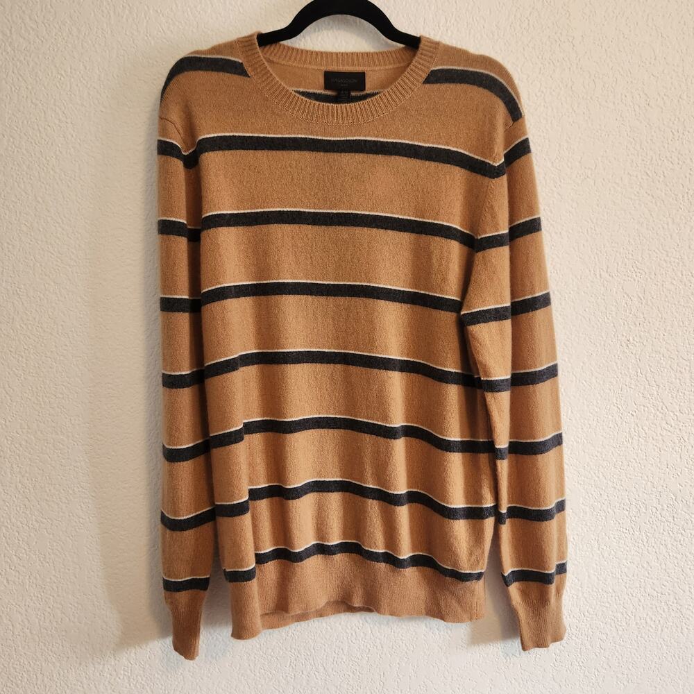 Magaschoni Man Men's Size Medium 100% Cashmere Tan/Navy Striped‎ Long Sleeve NWT
